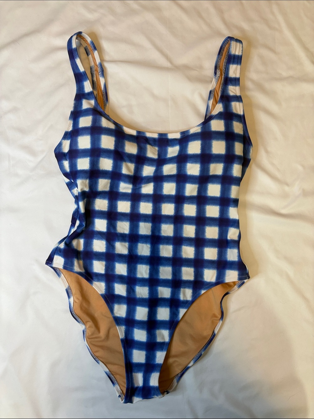 Crew Scoopneck One-Piece Swimsuit Blue and White Gingham Check Print Padded 10